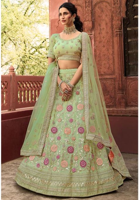 Pistachio Green Organza Designer Lehenga Choli Wedding Ghagra, Half Sleeve Blouse Designs, Green Lehenga Choli, Lehenga Choli Designs, Indian Lehenga Choli, Organza Lehenga, Raw Silk Fabric, Green Lehenga, Lehenga Online