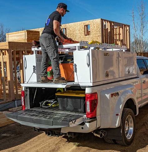 Truck Top Mount Tool Boxes, Truck Bed Tool Storage, Service Truck Organization, Truck Tool Storage, Utility Truck Beds, Service Trailer, Work Truck Organization, Work Truck Storage, Honda Element Camper