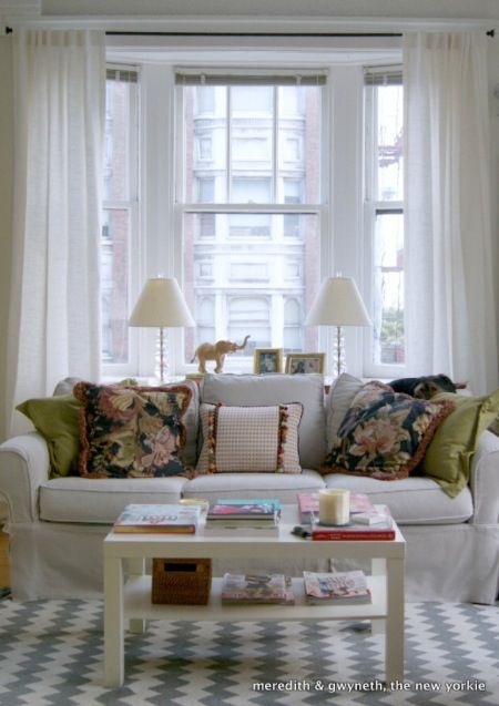 Sideboard in front of bay Couch In Front Of Bay Window, Apartment Therapy Small Spaces, Post Modern Furniture, Bay Window Living Room, Ikea Lack Table, Behind Couch, Sala Grande, Moving Furniture, Living Room Windows