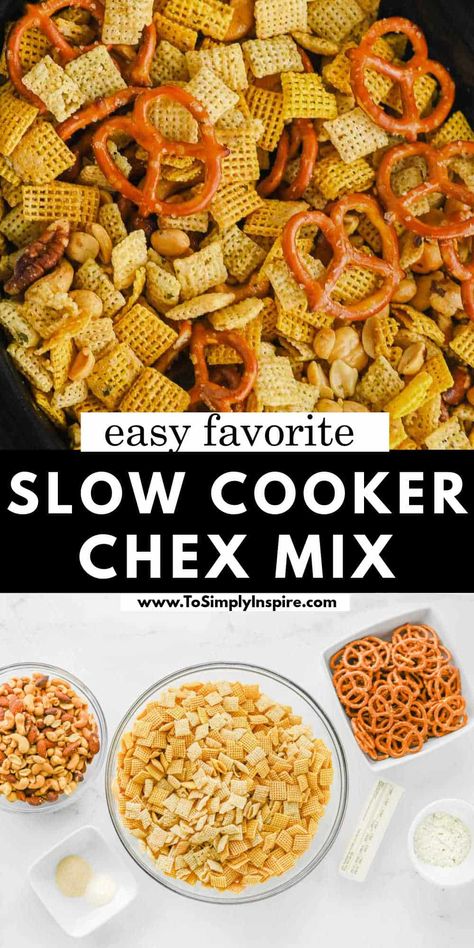 This slow cooker Chex mix recipe combines Chex cereal, pretzels, mixed nuts and a blend of ranch dressing mix, garlic and onion powder for an irresistible snack mix. Honey Nut Chex Mix Recipes Snacks, Chex Mix Recipes With Cheerios, Classic Chex Mix Recipes, Nut Free Chex Mix Recipes, Slow Cooker Chex Mix Recipes, Crockpot Chex Mix Recipes Slow Cooker, Chex Mix With M&ms, Regular Chex Mix Recipe, Microwave Chex Mix Recipes