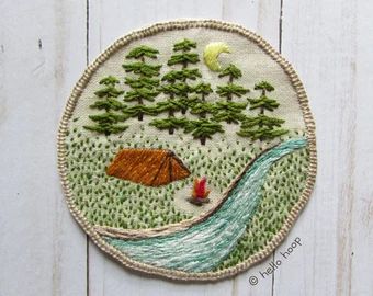 HelloHoop | Etsy Lake Pattern, Nature Embroidery, Camping Summer, Camping Nature, Handmade Patch, Easter Embroidery, Cross Stitch Tree, Hand Embroidery Projects, Hand Embroidery Pattern