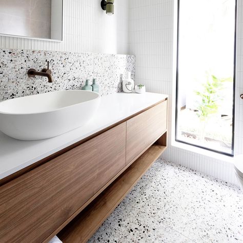 White Terrazzo Tile, Brass Tapware, Walnut Vanity, White Porcelain Tile, Terrazzo Floor, Perfect Things, White Terrazzo, Tile Trends, Terrazzo Flooring