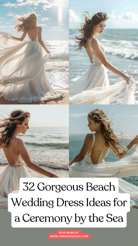 A bride wearing a flowing beach wedding dress, standing by the sea with the ocean breeze gently blowing through her hair, showcasing the light and airy fabric perfect for a seaside ceremony. Beach Wedding Gown Boho, Beach Wedding Dress Satin, Wedding Beach Dress The Bride, Pacific Island Wedding Dress, Beach Wedding Dress Hawaii, Light Wedding Dress Beach, Wedding In Hawaii Dresses, Vintage Beach Wedding Dress, Wedding Dresses Tropical