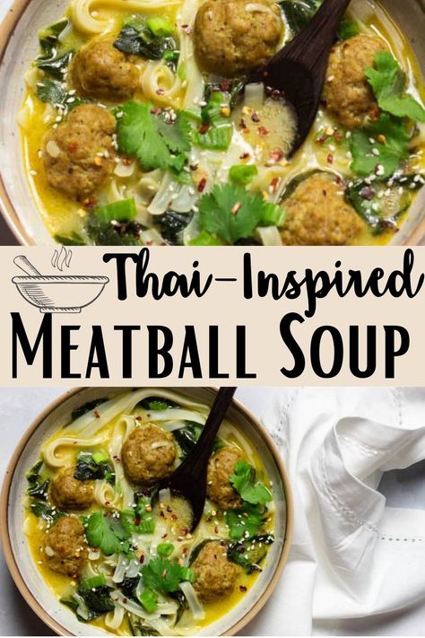 This Thai-Inspired Meatball Soup is what dreams are made of. A rich, umami-filled broth filled with perfectly flavored meatballs, delicious bok choy, and slurp-worthy rice noodles. This recipe comes together in 30 minutes and you need to make it NOW. Meatball Soup With Rice, Instant Pot Pho Recipe, Soup With Rice Noodles, Pork Meatball Soup, Asian Pork Meatballs, Thai Chicken Meatballs, Thai Meatballs, Chicken Meatball Soup, Soup With Rice