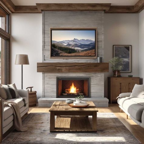 How to Balance TV and Fireplace in Your Living Room Decor • 333+ Images • [ArtFacade] Tv And Fireplace, Fireplace With Tv, Modern Fireplace Ideas Living Rooms, Mountain Living Room, Mountain Home Interiors, Furniture Placement Living Room, Rustic Fireplace, Lounge Interiors, Home Cinema Room