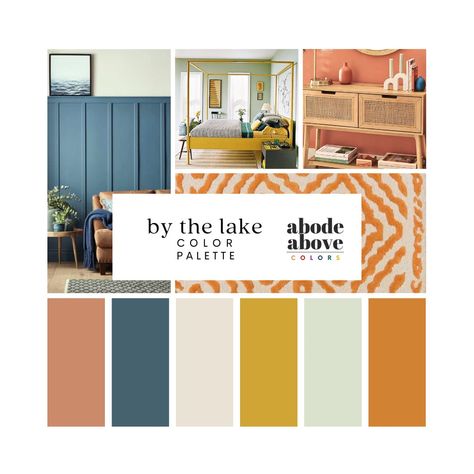 By the Lake - Interior Design Color Palette | Sherwin Williams 2024 Whole House Color Scheme | Interior Paint Design | Blue, Green, Coral Boho Accent Wall Paint Orange Blue Cream, Boho Navy Blue And Rust Terracotta Furniture Paint Palette, Whole House Color Scheme, House Color Schemes Interior, Color Palette Sherwin Williams, Home Color Palette, Color Palette Interior Design, Sherwin Williams Color Palette, Orange Color Palettes