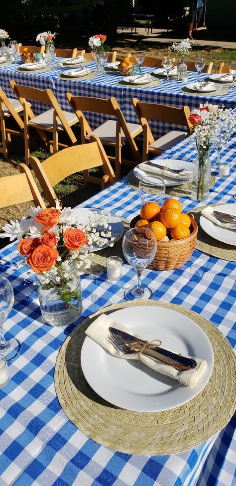 Blue Plaid Table Setting, Orange And Blue Picnic, Blue Plaid Tablecloth, Blue Checkered Tablecloth Table Settings, Gingham Party Decor Picnic Theme, Gingham Theme Party, Blue And White Picnic Theme, Backyard Flower Party, Blue Gingham Table Setting