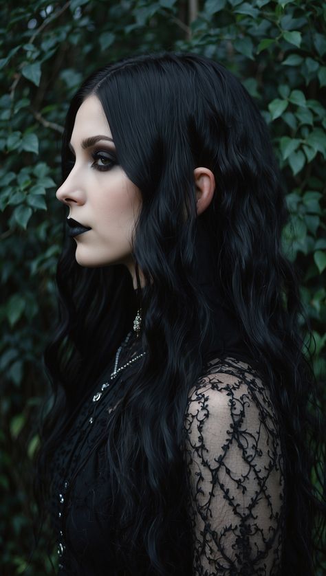 A profile view of a woman with long, wavy black hair and flawless goth makeup, wearing an intricate black lace outfit, showcasing a captivating goth hairstyle. Wavy Black Hair Aesthetic, Goth Long Hair, Goth Haircut Long, Goth Girl Hair, Goth Hairstyles Long, Long Goth Hair, Gothic Haircuts, Goth Black Hair, Goth Wedding Hair