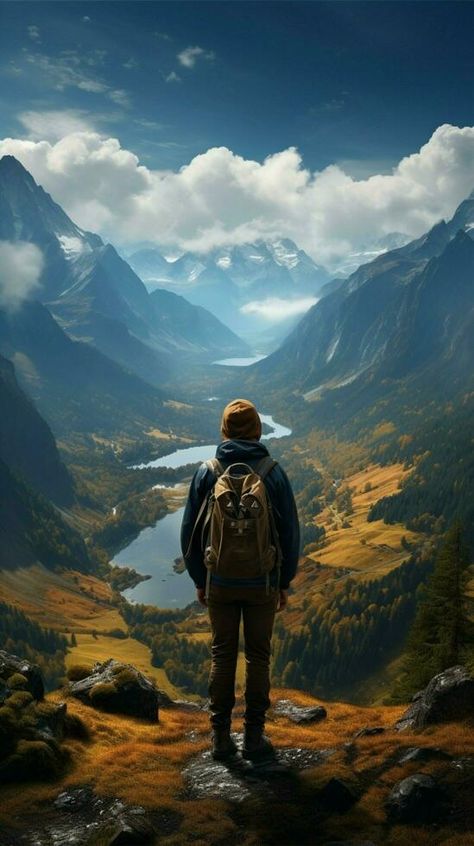 Hikers paradise Rear view shows tourist relishing mountain vista, embracing travel lifestyle Vertical Mobile Wallpaper AI Generated Walking Back View, Hiking Background, Brand Boards, Mountain Aesthetic, Mountain Background, Old School Tattoo Designs, Mountain Travel, Art Painting Gallery, Creative Idea