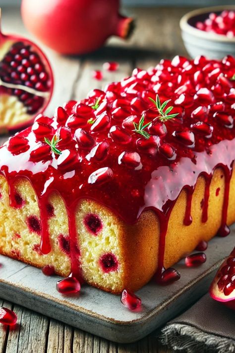 Pomegranate Pound Cake Recipe made of a rich, buttery cake infused with pomegranate juice and zest, topped with a light pomegranate glaze it serves about 10 Chocolate Pomegranate Cake, Pomegranate Dessert Recipes, Pomegranate Cheesecake, Pomegranate Cake, Pomegranate Dessert, Pomegranate Glaze, Pomegranate Recipes, Glaze For Cake, Pound Cake Recipe