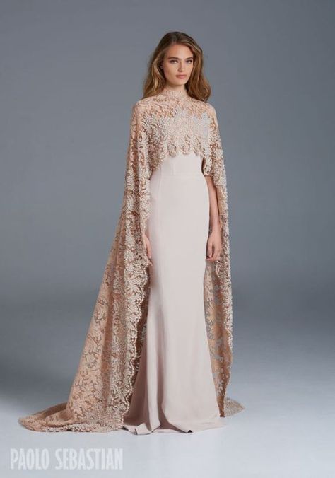 Paolo Sebastian Spring/Summer Collection - Brisbane Wedding Weekly - Stunning couture blush wedding dress with cape.: Paolo Sebastian Wedding Dress, Naked Dresses, Sukienki Maksi, Baju Kahwin, Paolo Sebastian, Lace Cape, Popsugar Fashion, Modest Wedding, فستان سهرة