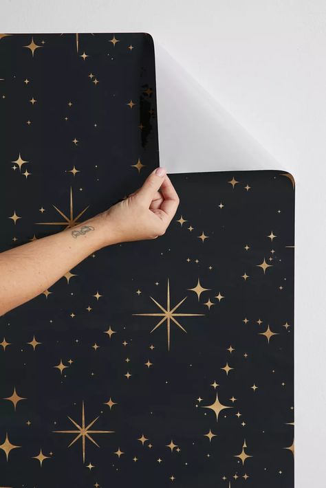 Seamless Pattern Night Sky Gold Stars Magical Mystical Pattern Removable Wallpaper | Urban Outfitters Hangout Room, Wallpaper Panel, Dark Home Decor, Dark Home, Wallpaper Accent Wall, Wall Decor Design, Stick On Wallpaper, Star Wallpaper, Room Makeover Inspiration