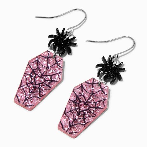 Claire's Spiderweb Pink Coffin 2" Drop Earrings Coffin Earrings, Crown Hair Clip, Pink Coffin, Pink Goth, Cute Grunge, Goth Accessories, Pastel Goth Fashion, Witch Jewelry, Jewelry Words