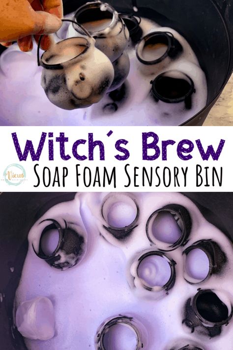 This witch's brew halloween soap foam is made from warm water, cornstarch, dish soap and food coloring. Add with some mini cauldrons to make witch's brew.   This witch's brew halloween soap foam is super Halloween Preschool Sensory, Halloween Baby Sensory Play, Witches Brew Sensory Play, Five Senses Halloween Activities, Witches Brew Preschool Activity, Soap Foam Sensory, Teacher Halloween Activities, Halloween Sensory Activities Toddlers, Halloween Toddler Activity