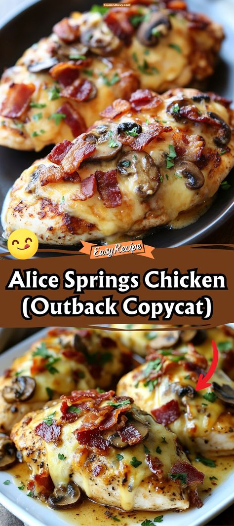 Recreate a restaurant favorite at home with Alice Springs Chicken, an Outback Steakhouse copycat recipe. Juicy grilled chicken breasts are topped with honey mustard sauce, sautéed mushrooms, crisp bacon, and melted cheese. It’s a flavorful dish that brings a taste of dining out into your kitchen. #AliceSpringsChicken #OutbackCopycat #DinnerIdeas Copycat Alice Springs Chicken Outback, Outback Steakhouse Chicken Recipe, Aussie Chicken Outback, Chicken And Steak Dinner Ideas, Spring Alice Chicken, Alyssa The Recipe Critic, Outback Chicken Recipe, Outback Steakhouse Chicken, Alice Spring Chicken From Outback