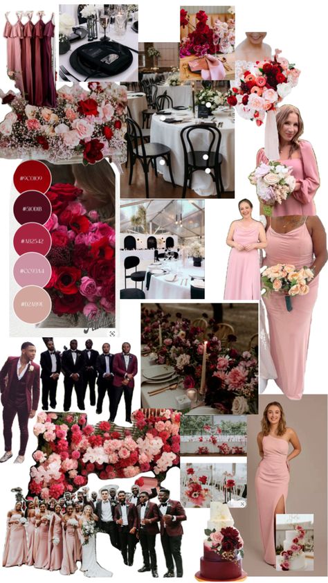 Color Palette Pink And Maroon Wedding Theme, Red And Pink Wedding Theme Color Schemes, Black Red Pink Wedding, Red Pink Wedding Theme, Pink And Red Wedding Theme, Red And Blush Wedding, Pink Burgundy Wedding, Pink Wedding Palette, Red And Pink Wedding