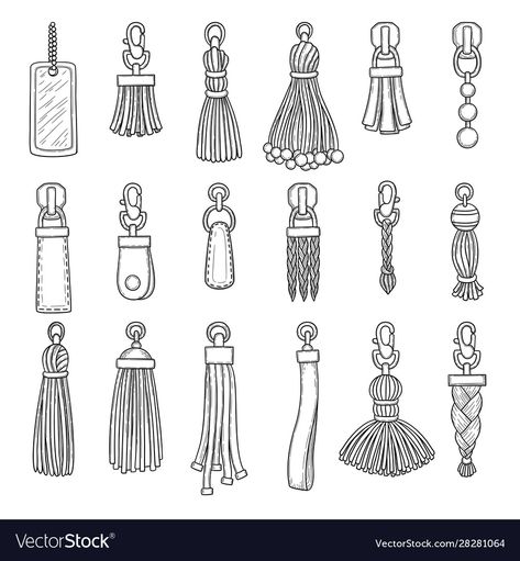 Tassels Illustration, Fashion Accessories Drawing, Tassel Drawing, Accessories Design Sketch, Flat Drawings, Bag Illustration, Fashion Illustrations Techniques, Fashion Drawing Tutorial, Drawing Bag