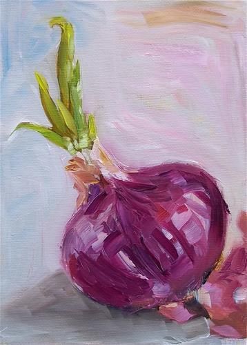 Still life Onion. Oil painting. Abstract still life. Violet onion. Blue onion. Artwork. Onion sprout. Young onion. Nature paint. Green sprout Onion Oil, Vegetable Painting, Food Art Painting, Blue Onion, Fruit Painting, Daily Painting, Arte Inspo, Painting Still Life, Still Life Art