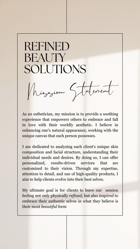 Mission Statement For Esthetician, Beauty Mission Statement, Esthetician Taglines, Esthetics Slogan, Esthetician Mission Statement Examples, Esthetician Mission Statement, Salon Mission Statement Examples, Aesthetician Post Ideas, Esthetician Names Ideas