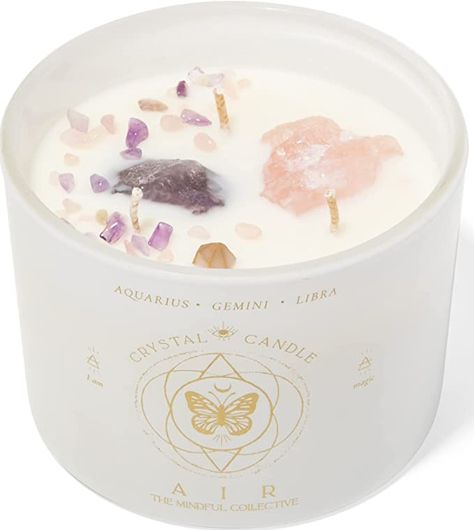 This candle is the perfect way to help air signs connect with their element and find inner peace. With its unique blend of essential oils and natural soy wax, this candle is designed to soothe the senses and promote relaxation. Each candle contains genuine crystals that have been carefully selected for their healing properties, including Amethyst, Clear Quartz, and Selenite. With three wicks and a burn time of over 55 hours, this candle is a great way to create a cozy and inviting atmosphere in Candles With Crystals, Candle Meditation, Libra Gifts, Zodiac Candles, Real Crystals, Zodiac Candle, Gemini And Libra, Meditation Candles, Air Signs