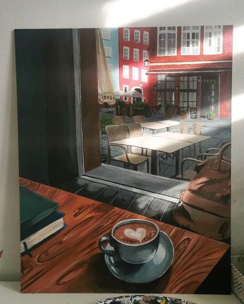 Coffee Shop Artwork, Coffee Shop Reference, Coffee Shop Drawing, Coffee Shop Painting, Coffee Shop Art, 2d Painting, Bulletin Journal, Children Drawing, Journal Therapy