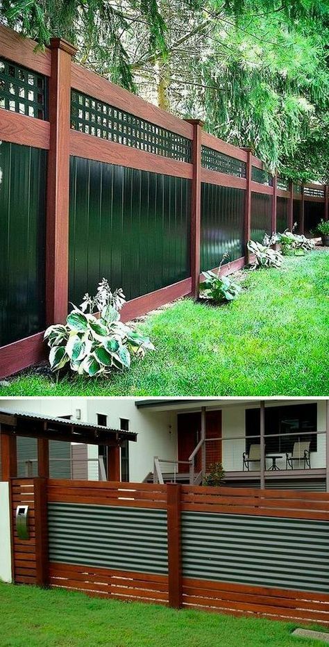 Backyard Fence Ideas, Privacy Fence Landscaping, Corrugated Metal Fence, Fence Decorations, Diy Backyard Fence, Deck Piscina, House Fence Design, Privacy Fence Designs, Backyard Fence