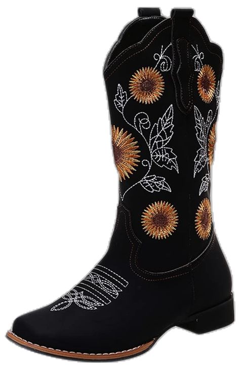 Black Boots Vaquera, Black And Gold Cowboy Boots, Square Toe Boots Cowgirl Sun Flowers, Sunflower Cowboy Boots, Womens Cowgirl Boots Sunflower, Sunflower Boots, Cowgirl Boots Square Toe, Tall Cowgirl Boots, Boots Square Toe