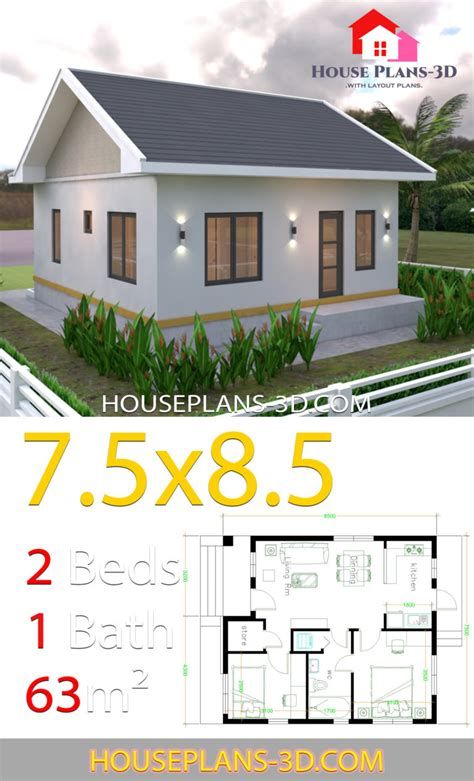 Small House Layout Plan, Gable Roof House, House Plans 3d, Small House Exteriors, One Bedroom House, Flat Roof House, Small House Layout, Two Bedroom House, House Design Plans