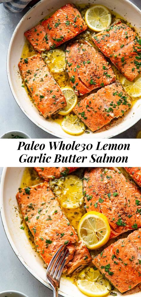 This simple and classic garlic lemon butter salmon recipe is packed with flavor and goes with all your favorite side dishes. Keep it low in carbs with cauliflower rice or serve with crispy roasted potatoes for a delicious, Whole30 friendly option. You’re going to want this one in your dinner rotation ASAP! #paleo #whole30 #keto #cleaneating Paleo Salmon Recipe, Cooking With Ghee, Crispy Roasted Potatoes, Paleo Salmon, Lemon Butter Salmon, Paleo Fish, Paleo Dinners, Primal Diet, Whole 30 Meal Plan