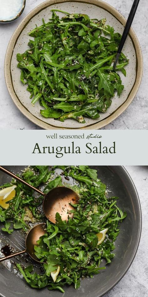 This is hands down our favorite Arugula Salad recipe! It's a light mix of baby arugula, grated Parmesan, balsamic vinegar, and fresh lemon juice. Sprinkle with flaky sea salt for a 5 minute salad that is so full of flavor! GF, Vegetarian #wellseasonedstudio #arugulasalad #salad #saladrecipe #parmigianoreggiano #parmesan Fried Pasta, Arugula Salad Recipes, Scrumptious Food, Baby Arugula, Salad Sauce, Big Salad, Perfect Lunch, Arugula Salad, Favourite Food