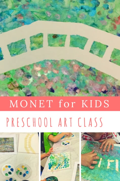 Impressionism for Kids: Finger-painting with Monet – ARTY MOMMY Introduce your little artists to Impressionism with this easy Monet finger painting project. Children preschool-aged and up will learn the basics of color theory and impressionist techniques and practices. Make Monet's famed Bridge over Water Lilies with a tape resist finger painting on canvas activity. Enjoy and have fun! Monet Inspired Art For Preschool, Mommy And Me Art Projects, Preschool Artist Study, Tk Art Project, Monet Water Lilies For Kids, Montessori Art Activities Preschool, Preschool Canvas Art Ideas, Monet Bridge Painting, Famous Artists For Kids