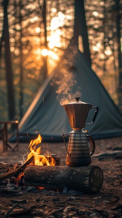 Coffee And Camping, Forest Camping Aesthetic, Camping Product Photography, Aesthetic Camping Pictures, Cabin Coffee, Interior Decoration Ideas, Cozy Camping, Camping Inspiration, Camping Vibes