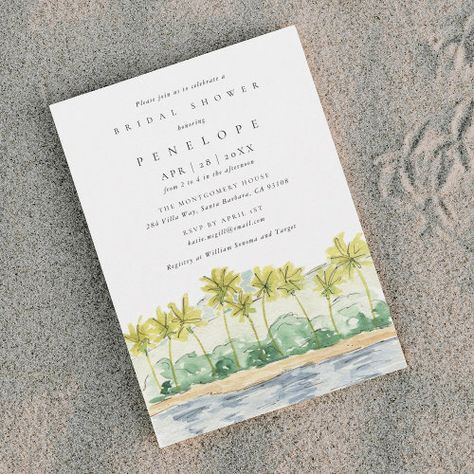 Beach Palm Trees Tropical Watercolor Bridal Shower Invitation #zazzle #weddinginvitations #birthdayinvitations #babyshowerinvitations #zazzleinvitations #monogram #businesscards #graduation #homedecor Tropical Bridal Shower Invitations, Watercolor Bridal Shower Invitations, Modern Bridal Shower Invitations, Beach Palm Trees, Wedding Announcement Cards, Beach Bridal Showers, Watercolor Wedding Invitation, Tropical Watercolor, Tropical Bridal Showers