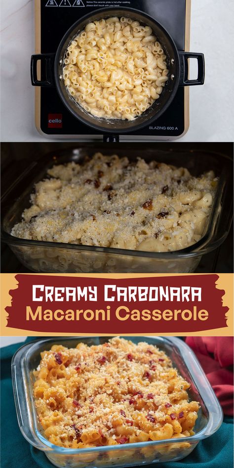 Creamy carbonara macaroni casserole with tender pasta baked in a velvety cheese and egg-based sauce, layered with crispy bacon and a touch of garlic. This comforting casserole blends classic carbonara and macaroni flavors, offering a rich, savory dish perfect for family dinners or gatherings. Bobby Flay Mac And Cheese, Rice Recipes For Lunch, Creamy Carbonara, Macaroni Casserole, Bobby Flay Recipes, Drink Inspiration, Carbonara Recipe, Autumn Recipes, Refreshing Food