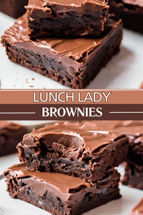 Lunch Lady Brownies Recipe, Creamy Chocolate Frosting, Lunch Lady Brownies, Best Lunch Recipes, Brownie Frosting, Brownies Recipe Homemade, Baked Dinner, Lunch Lady, Brownie Ingredients