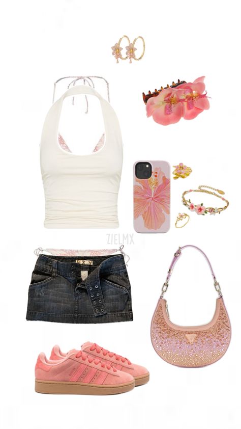 White Halter Top Outfit, Coastal Summer Outfits, Pink Outfit Summer, Hibiscus Phone Case, Halter Top Outfit, Outfit Inspo Pink, Pink Summer Outfits, Halter Tops Outfit, Black Denim Mini Skirt