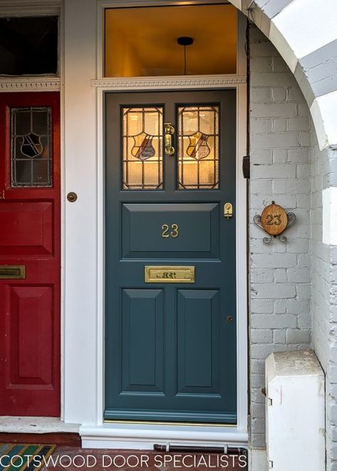 Edwardian maisonette door with reproduction stained glass design. Dark grey edwardian door Cottage Style Doors, Entry Doors With Glass, Front Door Makeover, Elegant Doors, Gorgeous Doors, Wood Front Doors, House Front Door, Front Door Colors, External Doors