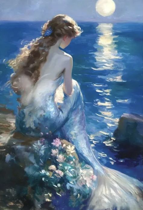 Mermaid Side Profile, Mermaid In Water Drawing, The Siren Painting, Ethereal Art Mermaid, Dark Ethereal, Mermaid Sitting On A Rock, Painting Mermaid, Mermaid Cave, Siren Painting Classical