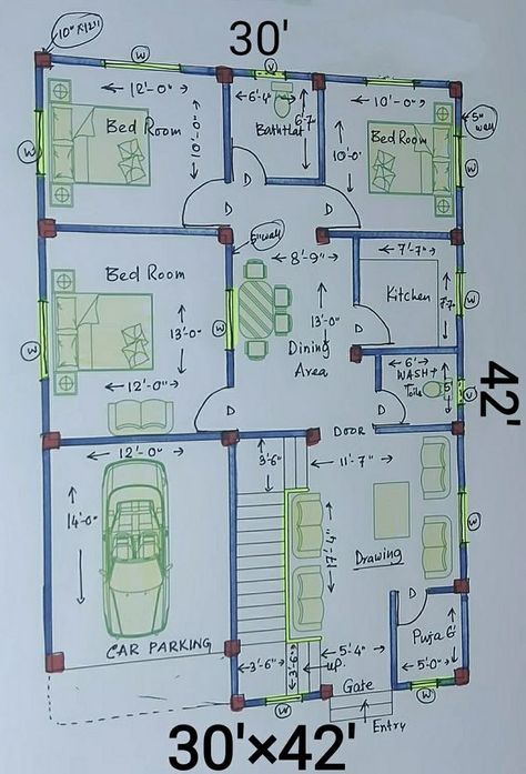 Small Family Home Floor Plans, Drawing House Plans, 20x40 House Plans, 30x40 House Plans, 2bhk House Plan, Modern House Floor Plans, Bungalow Floor Plans, Indian House Plans, Little House Plans