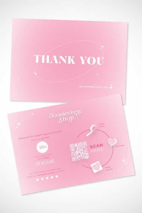 Joonieverse Shop is an online stationery store dedicated to creating beatiful products inspired by Korean boy band BTS. This pink design fits the brand's target audience, and is used as a product insert when a customer makes an order. Aesthetic Moonlight, Outfit Ideas For School, Logo Creator, Packaging Ideas Business, Small Business Packaging Ideas, Thank You Card Design, Branding Design Packaging, Business Thank You Cards, Graphic Design Lessons