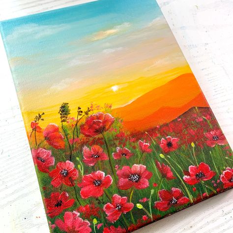 Mini Toile, Sunset Painting Acrylic, Beginners Painting, Small Canvas Paintings, Flower Painting Canvas, Canvas Painting Designs, Painting Ideas On Canvas, Landscape Art Painting, Canvas Painting Diy