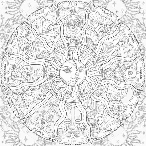 Zodiac Colouring Pages, Celestial Coloring Pages, Astrology Coloring Pages, Spiritual Coloring Pages, Sun And Moon Coloring Pages, Sun And Moon Coloring, Hard Coloring Pages, Goth Coloring Pages, Zodiac Coloring Pages