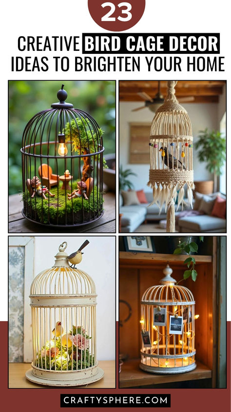 Collage of 4 creative bird cage decor ideas, including fairy garden setups, macramé hangings, floral displays, and lighted centerpieces, perfect for unique home decor inspiration. Bird Cage Terrarium, How To Decorate An Old Birdcage, Birdcage Planter Indoor, Birdcage Repurpose Ideas, Plants In Birdcage Ideas, Repurpose Bird Cage, Vintage Bird Cage Decor Ideas, How To Decorate A Birdcage, Large Bird Cage Decor Ideas