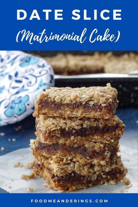 4 date slices stacked on each other with blue patterned oven mitt in the background Dates Squares Recipe, Matrimonial Cake Date Squares, Matrimonial Cake, Easy Bake Sale Ideas, Potluck Recipes Dessert, Date Filling, Date Slice, Date Square, Bake Sale Treats