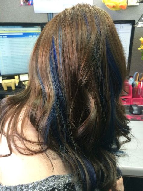 Blue Peekaboo Highlights, Blue Peekaboo, Blue Brown Hair, Blue Hair Highlights, Peekaboo Hair Colors, Peekaboo Highlights, Peekaboo Hair, Hair Color Streaks, Hair Color Crazy