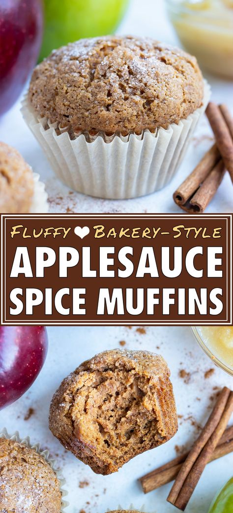 Ultra fluffy, super soft, and full of cinnamon spice - these Applesauce Muffins are made without oil or butter making them healthy enough to eat for breakfast!  You'll taste the flavors of Fall with every bite of this spiced muffin recipe.  They're also super adaptable and can easily be made gluten-free, vegetarian, and even vegan. #applesauce #muffins #breakfast #apples Applesauce Healthy, Breakfast Apples, Healthy Applesauce, Applesauce Muffin Recipe, Gluten Free Apple Recipes, Muffins Apple, Spiced Applesauce, Butter Making, Applesauce Muffins