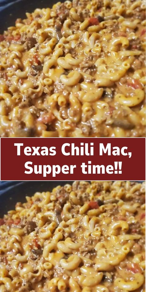 A robust and hearty dish combining the bold flavors of Texas chili with comforting macaroni pasta, topped with cheese and baked to create a satisfying dinner. Easy Simple Cheap Dinners, Easy Family Dinners On A Budget, Meal Ideas Using Ground Beef, Texas Chili Mac And Cheese, Ground Burger Recipes Casseroles, Comfy Dinner Recipes, Loaded Mac And Cheese Casserole, Firefighter Dinner Recipes, Chili With Macaroni Noodles