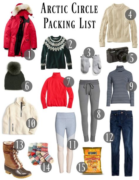 Arctic Circle Parking List - Everything You Need to Stay Warm Alaska Fashion Winter, Colorado Hiking Outfit Winter, Lapland Winter Outfits, Alaska Winter Outfit, Arctic Outfit, Frontier Fashion, Winter Travel Wardrobe, Winter Travel Packing, Alaska Outfits