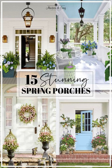 These stunning Spring Porch Ideas will have you sprucing up your porch in no time! spring porch decor --->#maisondecinq springporch porchdecor springdecorating frontdoordecor curbappeal Spring Porches, Spring Porch Ideas, French Country Porch, Southern Front Porch, Hanging Flower Arrangements, Spring Home Decor Ideas, Southern Porches, Spring Table Settings, Spring Entertaining