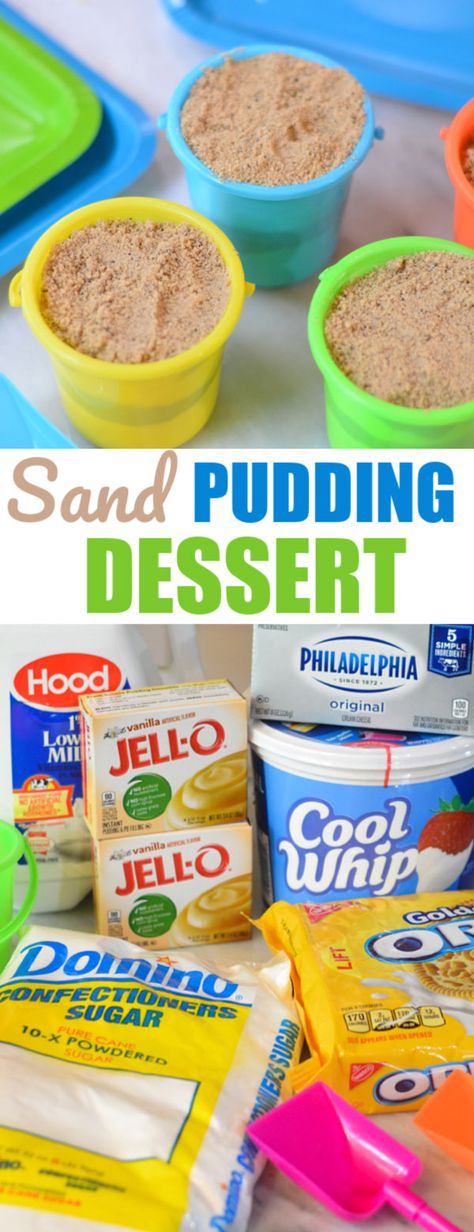 Sand Pudding Dessert, Beach Party Snacks, Sand Pudding, Fun Easy Desserts, Beach Party Food, Kids Party Snacks, Beach Snacks, Party Snacks Easy, Pudding Dessert